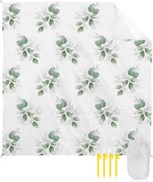 Beach Blanket Sandproof, Green Tree Leaves in White Background Waterproof Beach Mat Lightweight Quick Drying Picnic Blanket Beach Essentials for Travel Camping Hiking 108x84in