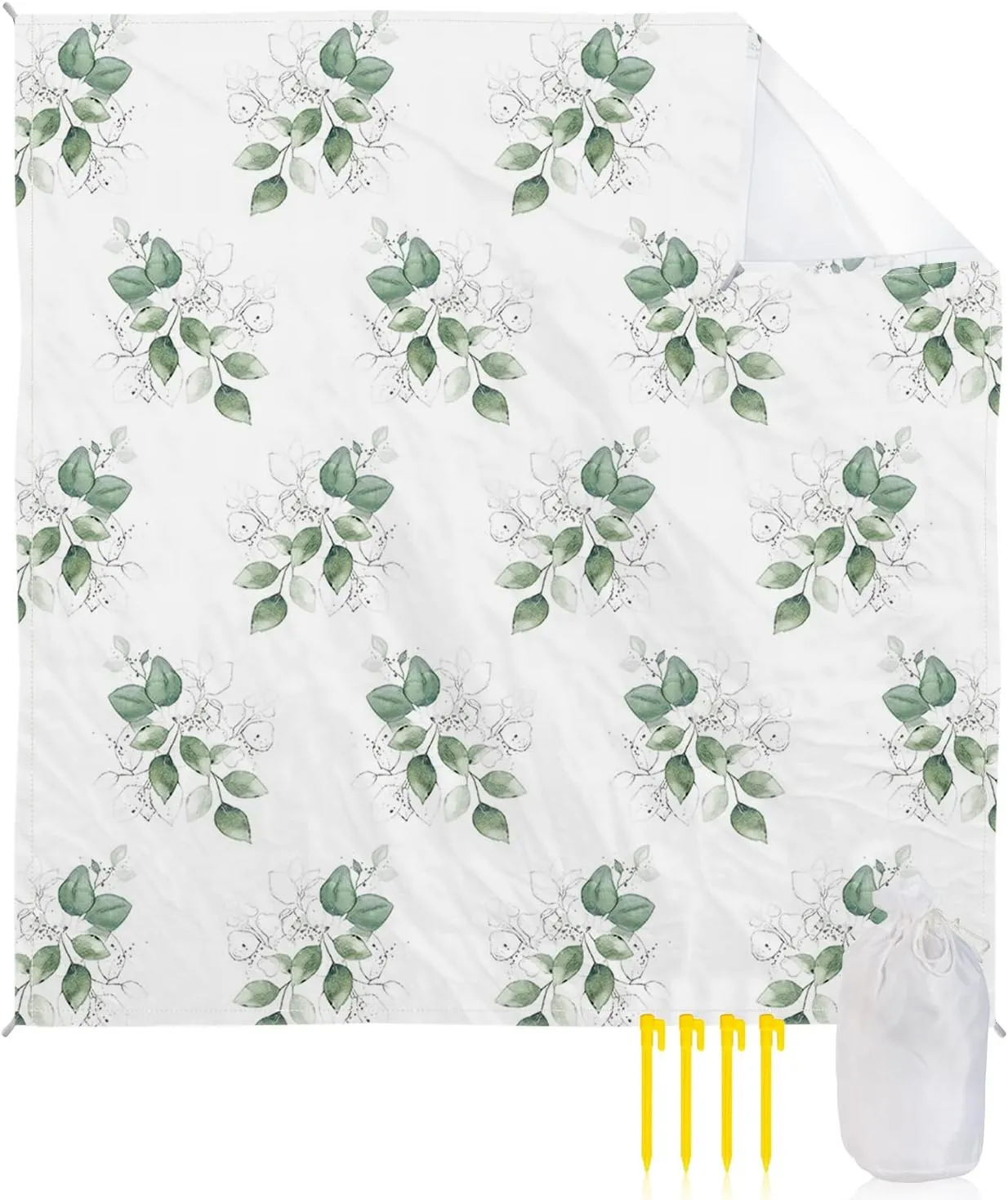 Beach Blanket Sandproof, Green Tree Leaves in White Background Waterproof Beach Mat Lightweight Quick Drying Picnic Blanket Beach Essentials for Travel Camping Hiking 108x84in