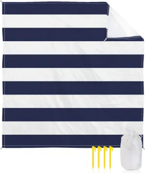 Beach Blanket Sandproof, Navy Blue White Stripe Waterproof Beach Mat Lightweight Quick Drying Picnic Blanket Beach Essentials for Travel Camping Hiking 118x108in