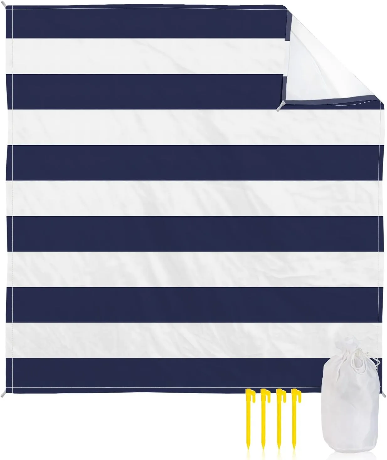 Beach Blanket Sandproof, Navy Blue White Stripe Waterproof Beach Mat Lightweight Quick Drying Picnic Blanket Beach Essentials for Travel Camping Hiking 118x108in