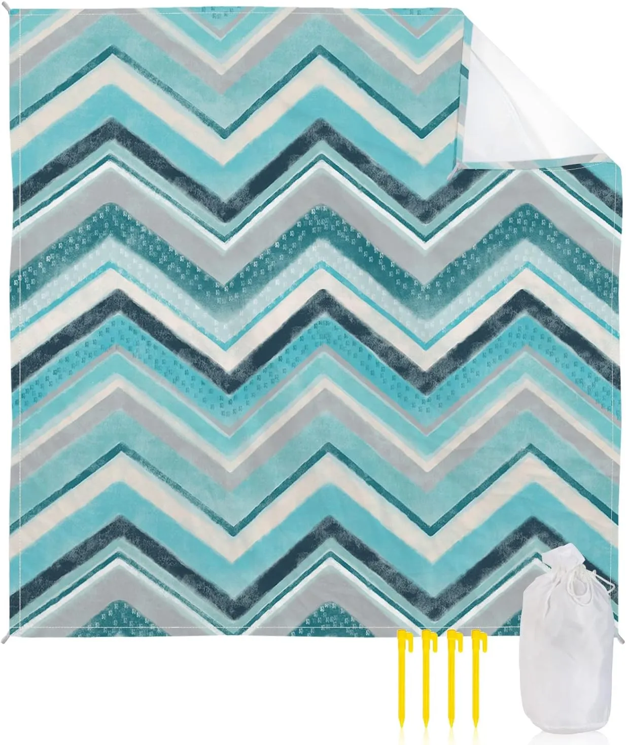 Beach Blanket Sandproof, Northern Europe Blue Geometric Wave Stripes Waterproof Beach Mat Lightweight Quick Drying Picnic Blanket Beach Essentials for Travel Camping Hiking 108x84in