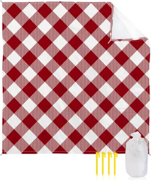 Beach Blanket Sandproof, Pastoral Style Crimson Lattice Waterproof Beach Mat Lightweight Quick Drying Picnic Blanket Beach Essentials for Travel Camping Hiking 118x108in