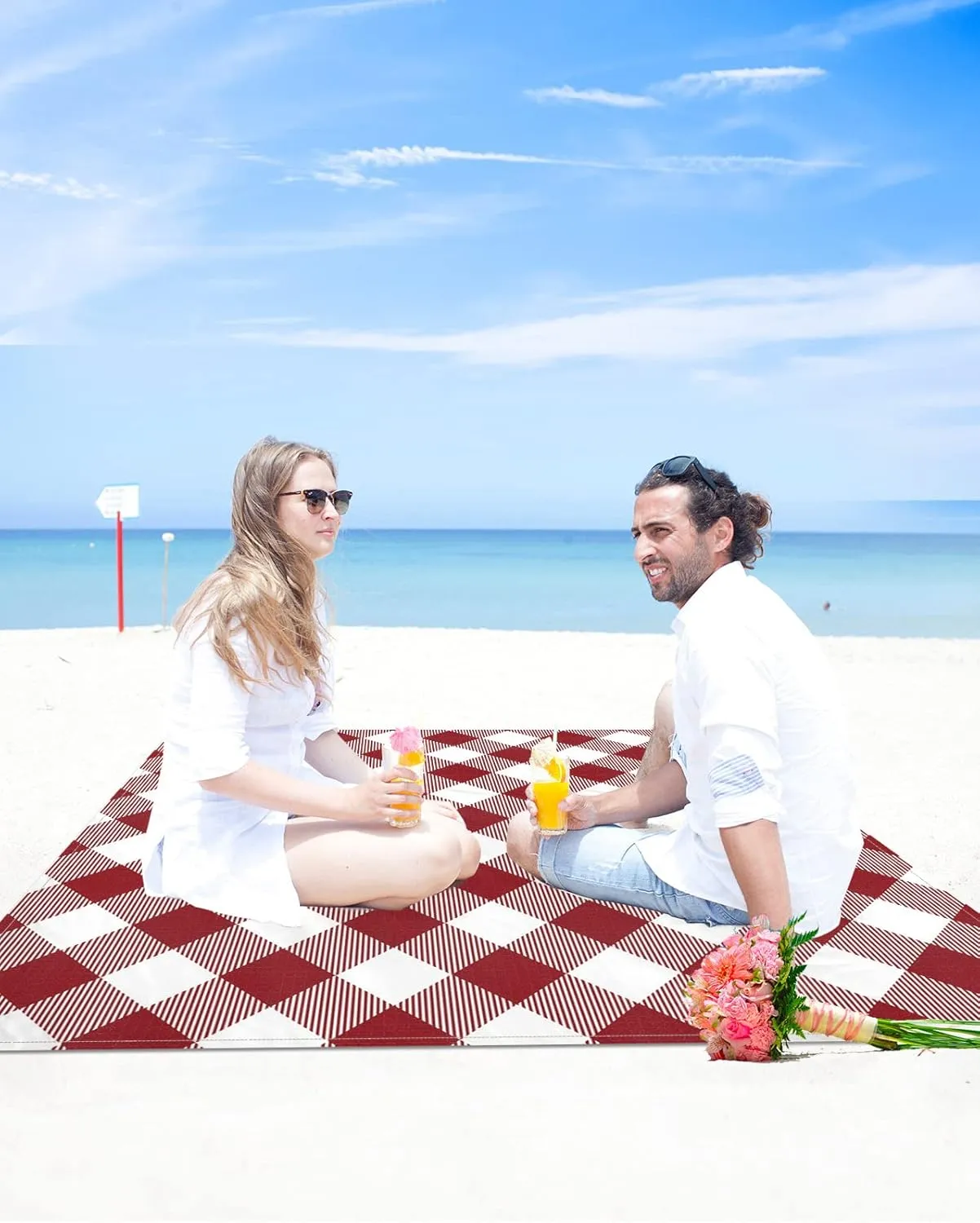 Beach Blanket Sandproof, Pastoral Style Crimson Lattice Waterproof Beach Mat Lightweight Quick Drying Picnic Blanket Beach Essentials for Travel Camping Hiking 118x108in