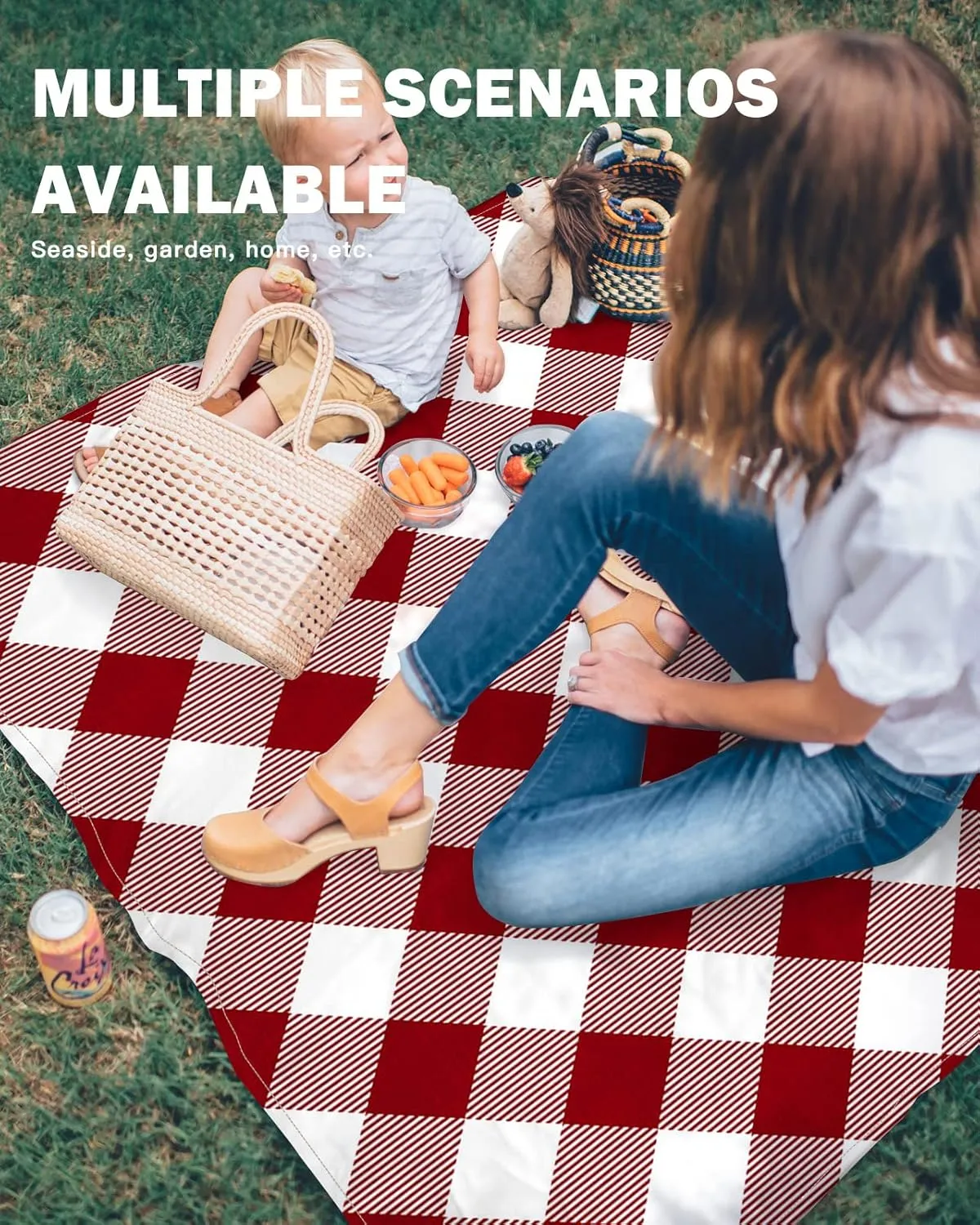 Beach Blanket Sandproof, Pastoral Style Crimson Lattice Waterproof Beach Mat Lightweight Quick Drying Picnic Blanket Beach Essentials for Travel Camping Hiking 118x108in