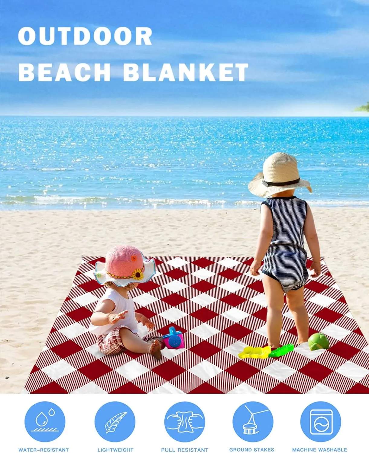 Beach Blanket Sandproof, Pastoral Style Crimson Lattice Waterproof Beach Mat Lightweight Quick Drying Picnic Blanket Beach Essentials for Travel Camping Hiking 118x108in