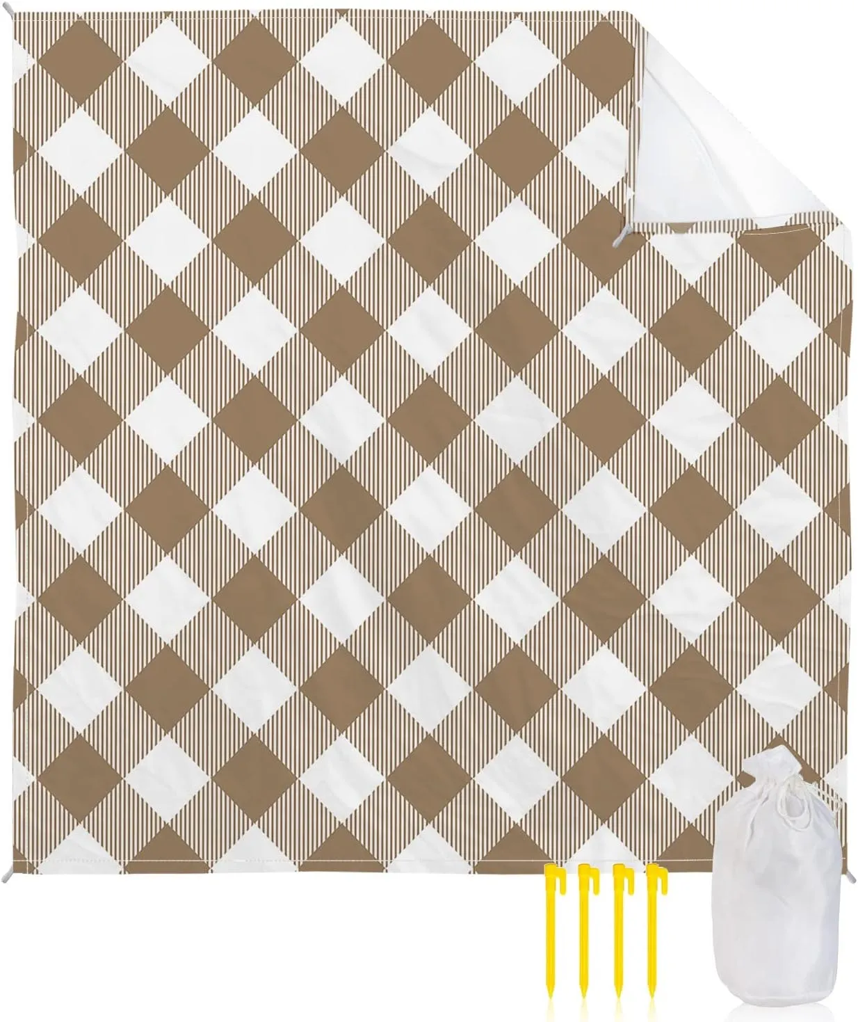 Beach Blanket Sandproof, Pastoral Style Light Brown Lattice Waterproof Beach Mat Lightweight Quick Drying Picnic Blanket Beach Essentials for Travel Camping Hiking 95x80in