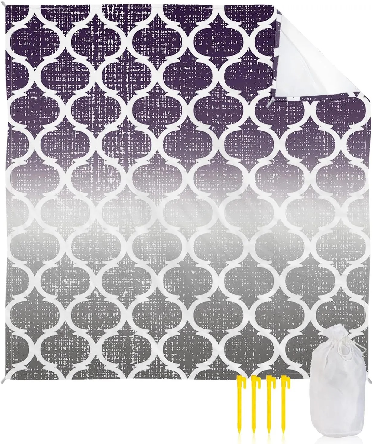 Beach Blanket Sandproof, Purple Gray Gradient Morocco Pattern Waterproof Beach Mat Lightweight Quick Drying Picnic Blanket Beach Essentials for Travel Camping Hiking 83x79in