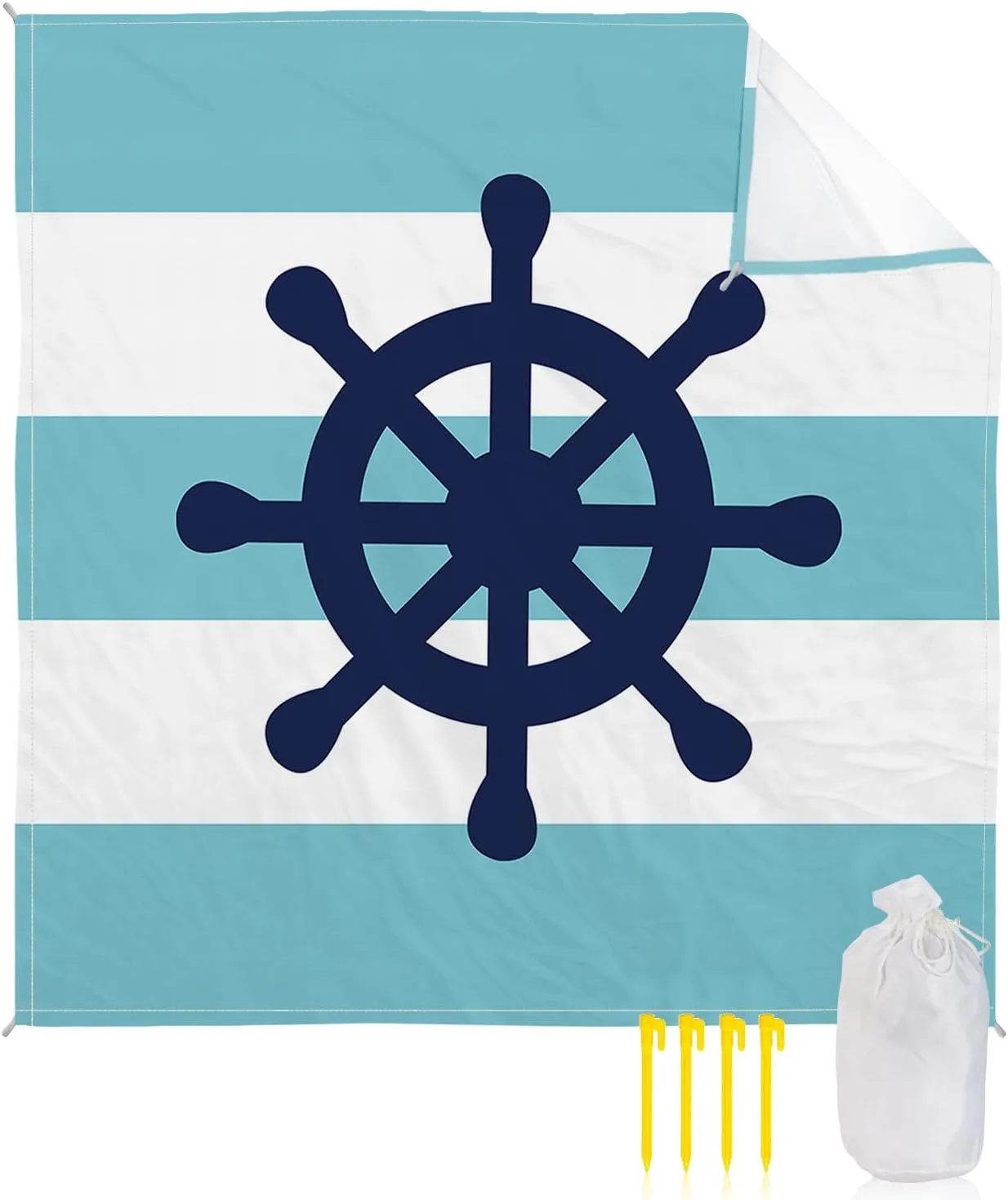 Beach Blanket Sandproof, Rudder on Blue Stripes Background Waterproof Beach Mat Lightweight Quick Drying Picnic Blanket Beach Essentials for Travel Camping Hiking 108x84in