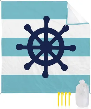 Beach Blanket Sandproof, Rudder on Blue Stripes Background Waterproof Beach Mat Lightweight Quick Drying Picnic Blanket Beach Essentials for Travel Camping Hiking 108x84in