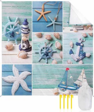 Beach Blanket Sandproof, Shell Starfish Rudder Lighthouse Wood Grain Lattice Waterproof Beach Mat Lightweight Quick Drying Picnic Blanket Beach Essentials for Travel Camping Hiking 95x80in