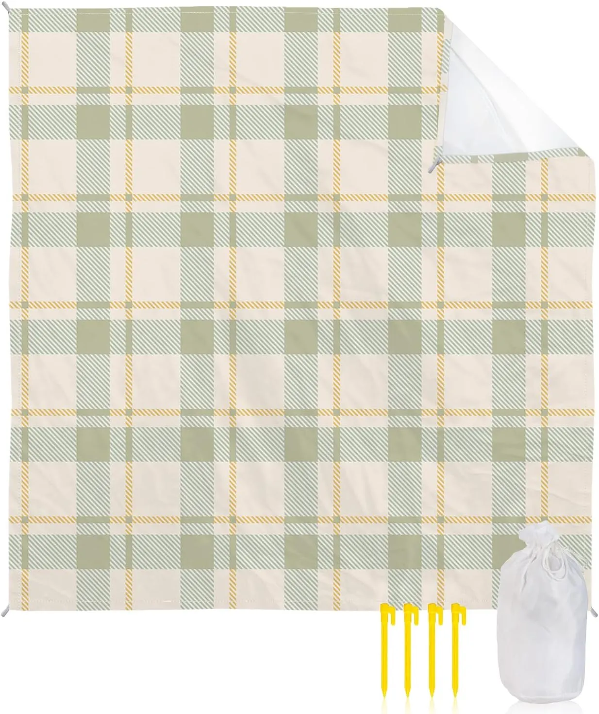 Beach Blanket Sandproof, Simple Sage Green Buffalo Plaid Abstract Geometric Waterproof Beach Mat Lightweight Quick Drying Picnic Blanket Beach Essentials for Travel Camping Hiking 108x84in
