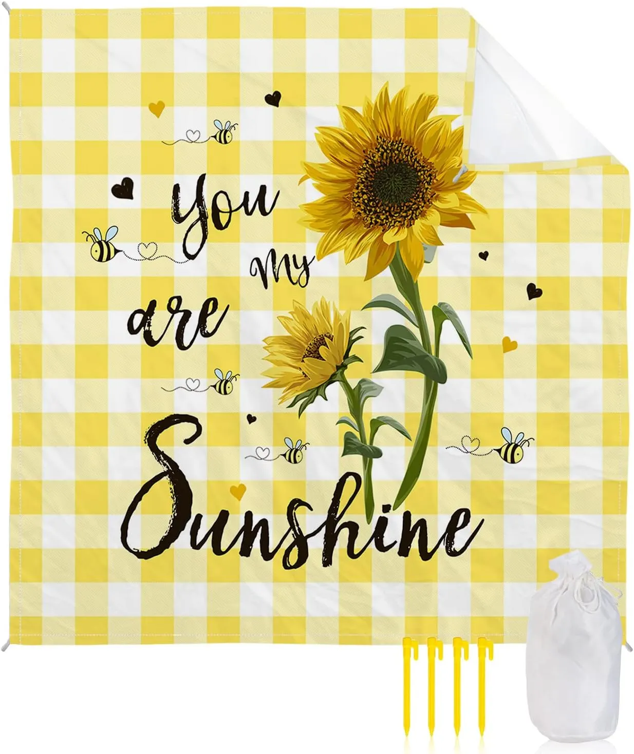Beach Blanket Sandproof, Summer Farmhouse Sunflower Yellow Buffalo Plaid Waterproof Beach Mat Lightweight Quick Drying Picnic Blanket Beach Essentials for Travel Camping Hiking 83x79in