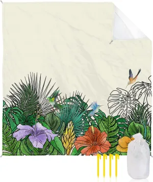 Beach Blanket Sandproof, Summer Flower Hummingbird Palm Plants Beige Waterproof Beach Mat Lightweight Quick Drying Picnic Blanket Beach Essentials for Travel Camping Hiking 108x84in