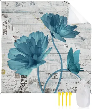 Beach Blanket Sandproof, Watercolor Butterfly Blue Floral Vintage Waterproof Beach Mat Lightweight Quick Drying Picnic Blanket Beach Essentials for Travel Camping Hiking 83x79in