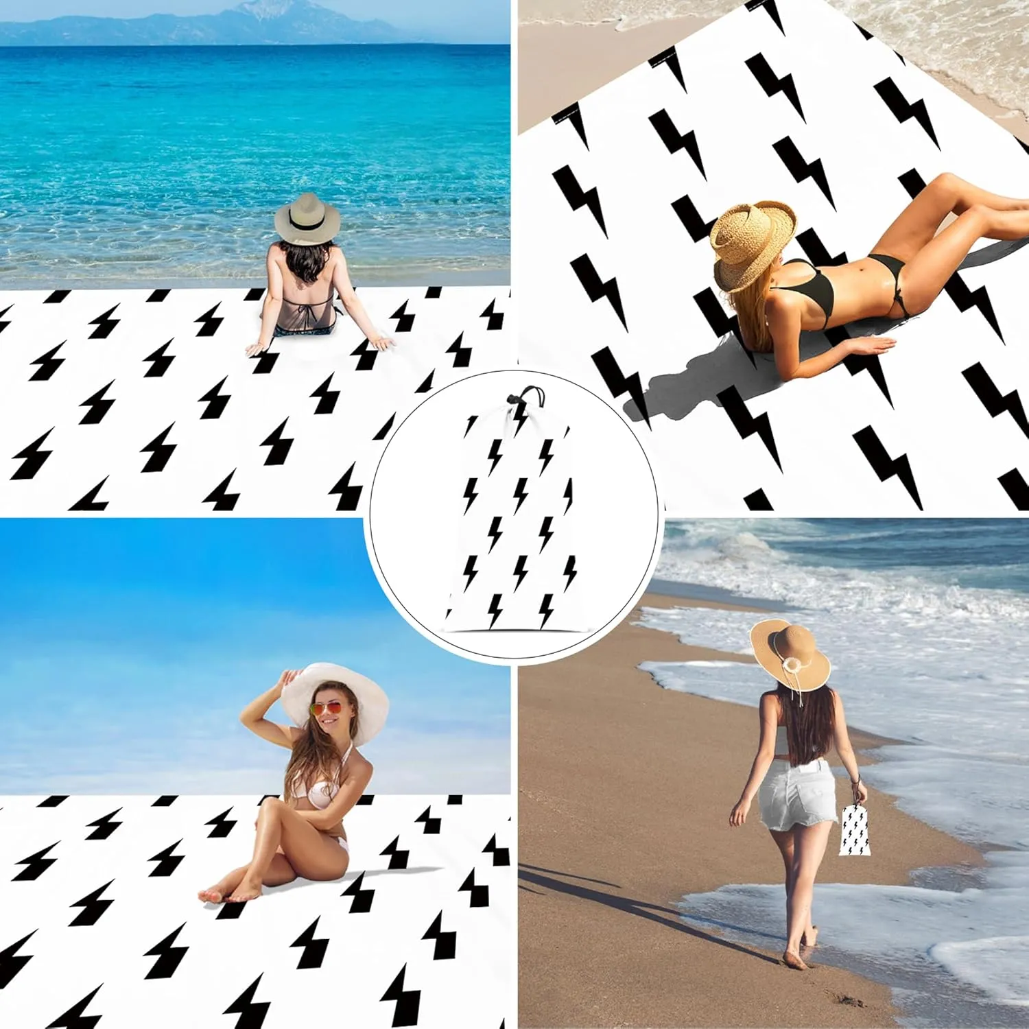 Beach Blanket Sandproof Waterproof, 110"×118" Extra Large Beach Mat, Portable Sand Free Picnic Blanket Oversized with 4 Stakes & Pockets for Travel, Outdoor Essentials, Black Lightning Simple Design