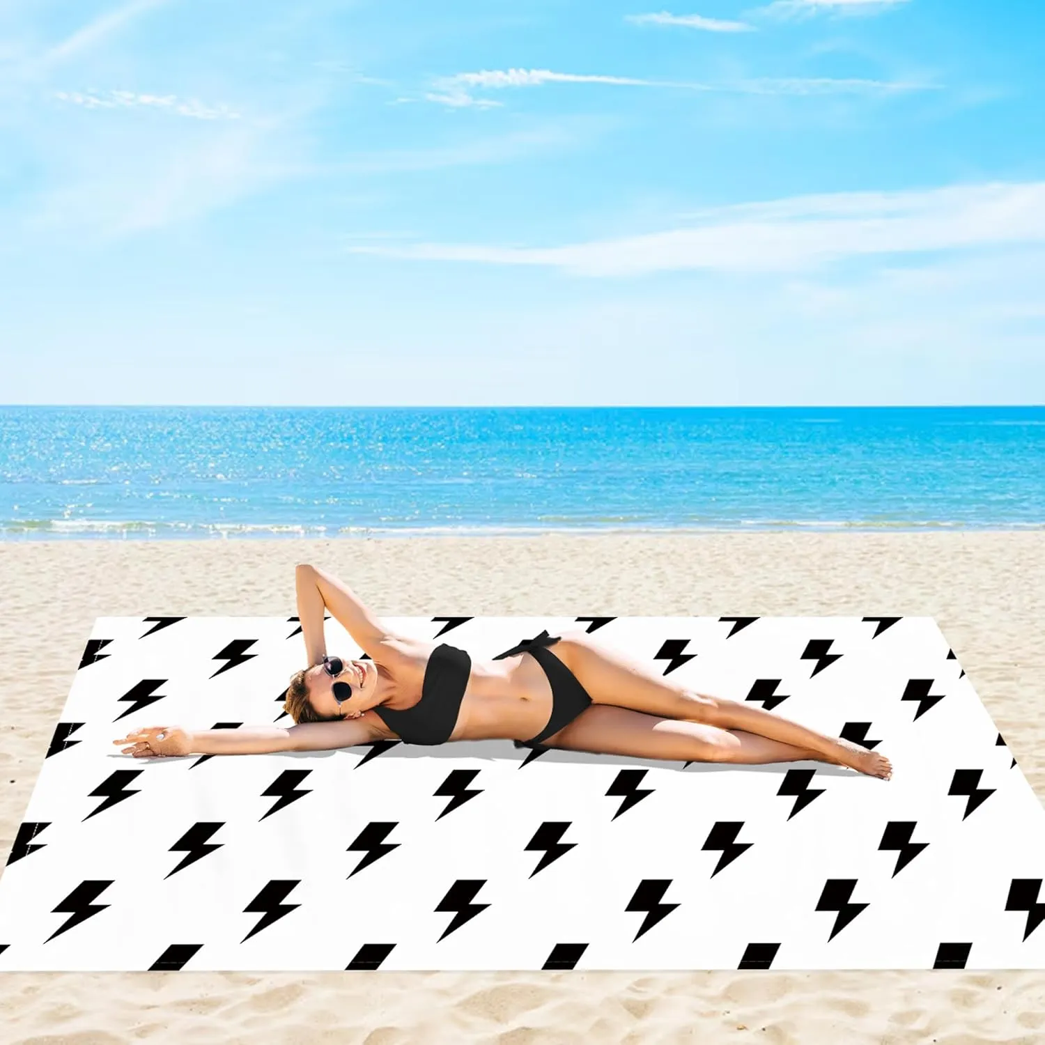 Beach Blanket Sandproof Waterproof, 110"×118" Extra Large Beach Mat, Portable Sand Free Picnic Blanket Oversized with 4 Stakes & Pockets for Travel, Outdoor Essentials, Black Lightning Simple Design