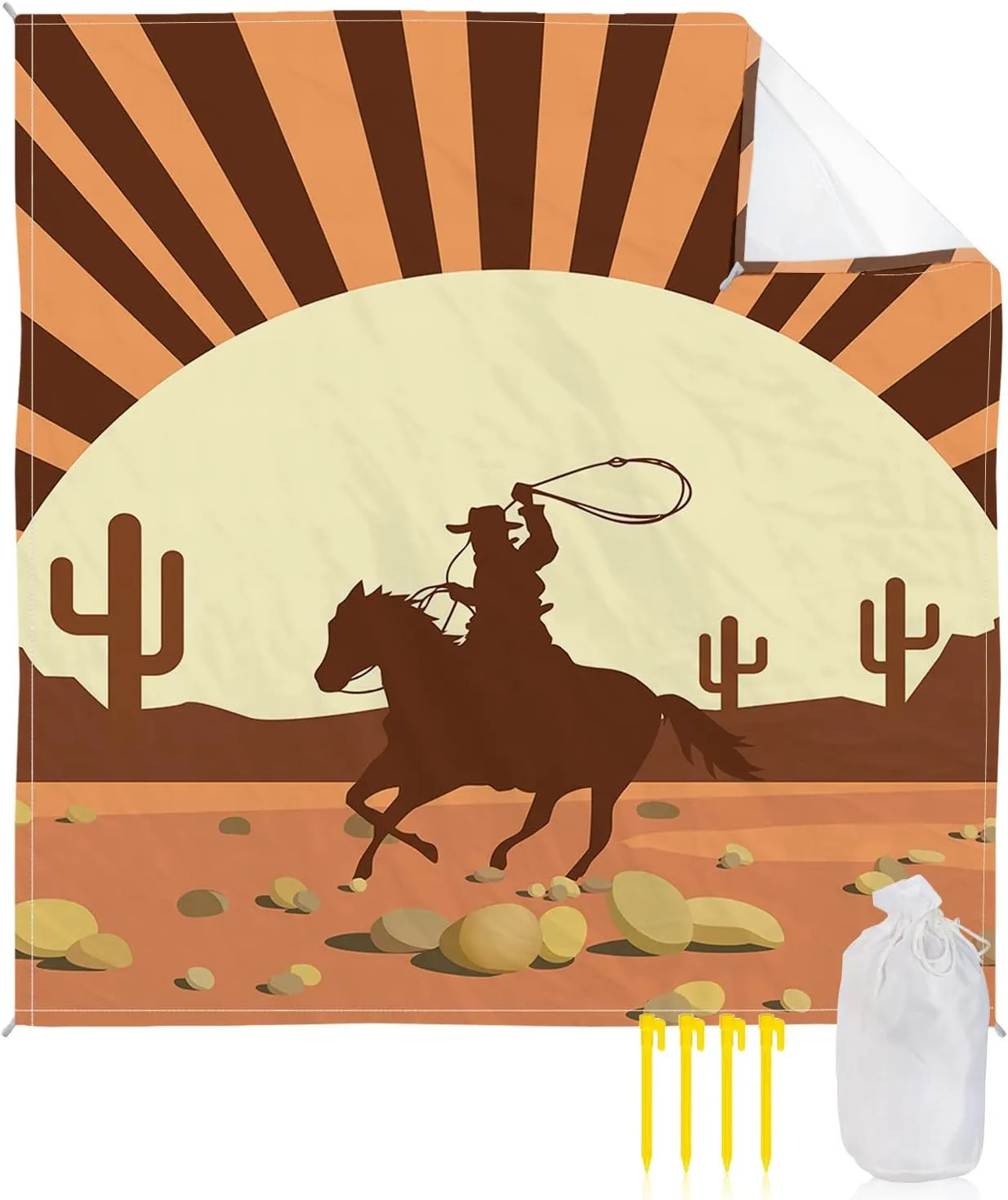 Beach Blanket Sandproof, Western Cowboy Desert Cactus Sun Retro Style Waterproof Beach Mat Lightweight Quick Drying Picnic Blanket Beach Essentials for Travel Camping Hiking 83x79in
