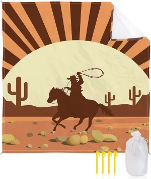 Beach Blanket Sandproof, Western Cowboy Desert Cactus Sun Retro Style Waterproof Beach Mat Lightweight Quick Drying Picnic Blanket Beach Essentials for Travel Camping Hiking 83x79in