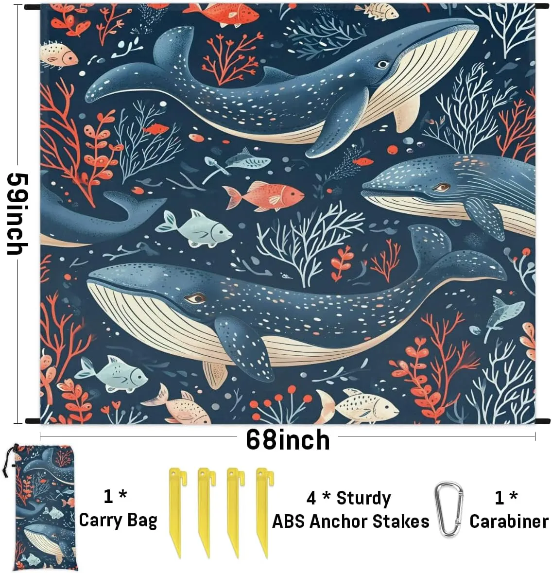 Beach Blanket, Sea Animals Sandproof Beach Mat, Waterproof Quick Drying Sand Free Mat with 4 x Ground Spikes for Outdoor Travel Camping Hiking, Killer Whale Orca 68 x 59 in