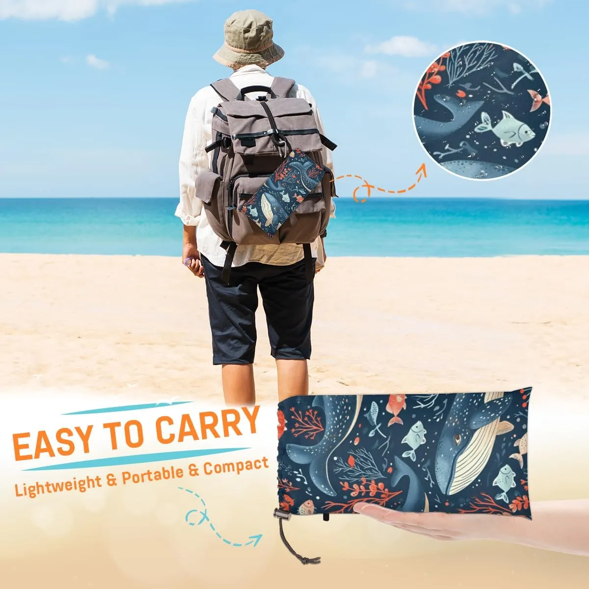 Beach Blanket, Sea Animals Sandproof Beach Mat, Waterproof Quick Drying Sand Free Mat with 4 x Ground Spikes for Outdoor Travel Camping Hiking, Killer Whale Orca 68 x 59 in