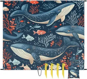Beach Blanket, Sea Animals Sandproof Beach Mat, Waterproof Quick Drying Sand Free Mat with 4 x Ground Spikes for Outdoor Travel Camping Hiking, Killer Whale Orca 68 x 59 in