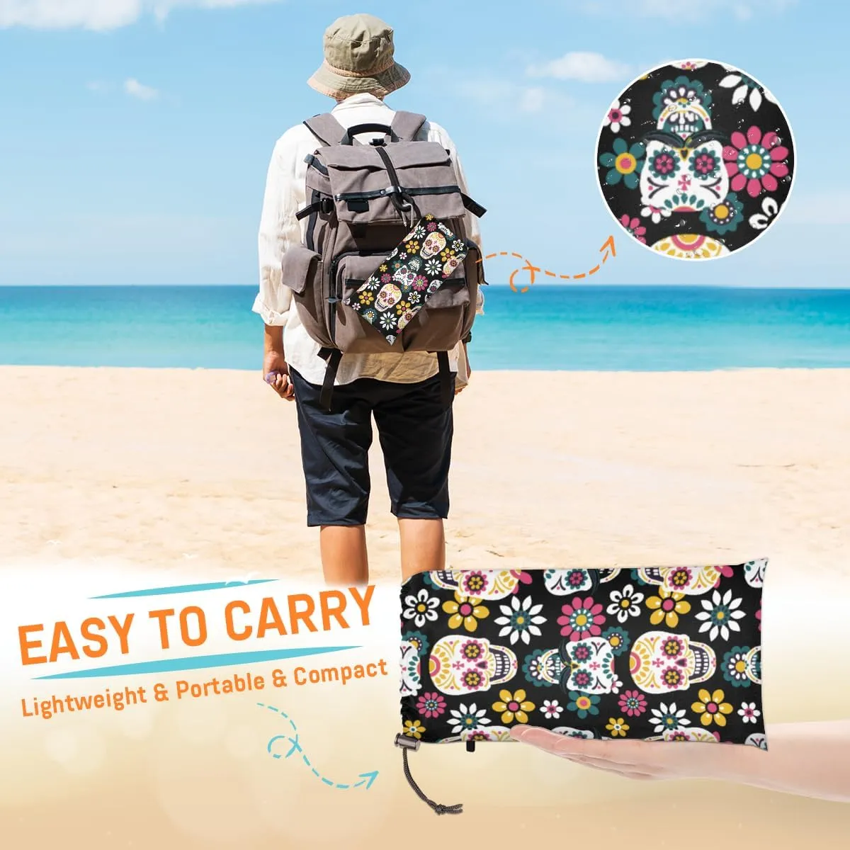 Beach Blanket, Skull Skeleton Sandproof Beach Mat, Waterproof Quick Drying Sand Free Mat with 4 x Ground Spikes for Outdoor Travel Camping Hiking, Goth Skull 68 x 59 in