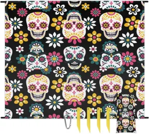 Beach Blanket, Skull Skeleton Sandproof Beach Mat, Waterproof Quick Drying Sand Free Mat with 4 x Ground Spikes for Outdoor Travel Camping Hiking, Goth Skull 68 x 59 in
