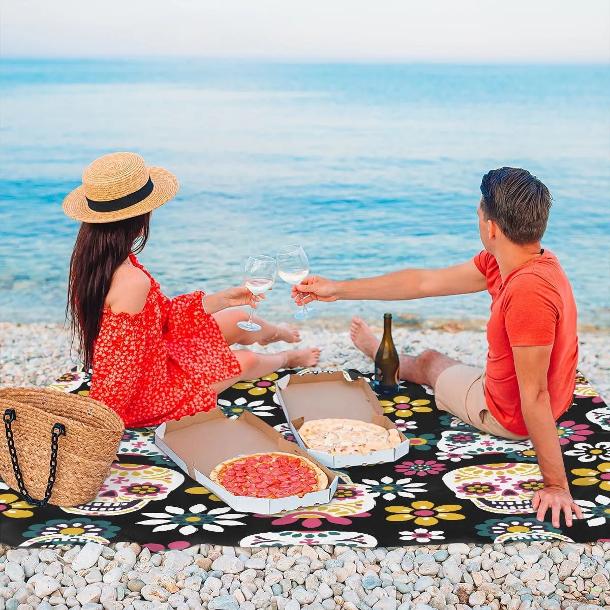 Beach Blanket, Skull Skeleton Sandproof Beach Mat, Waterproof Quick Drying Sand Free Mat with 4 x Ground Spikes for Outdoor Travel Camping Hiking, Goth Skull 68 x 59 in