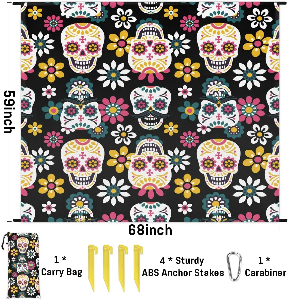 Beach Blanket, Skull Skeleton Sandproof Beach Mat, Waterproof Quick Drying Sand Free Mat with 4 x Ground Spikes for Outdoor Travel Camping Hiking, Goth Skull 68 x 59 in