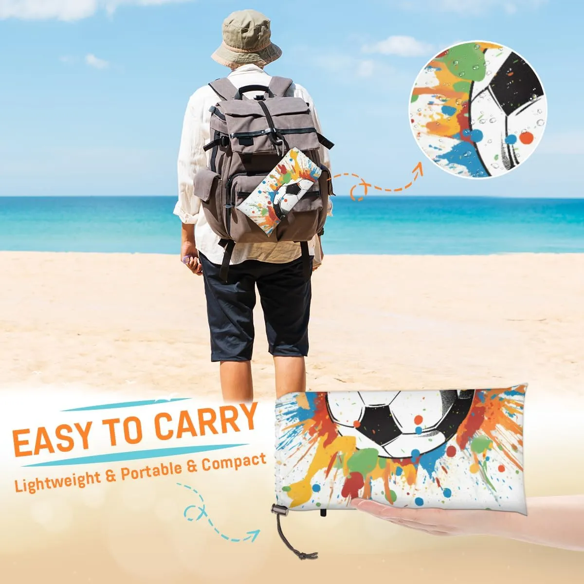 Beach Blanket, Soccer Sandproof Beach Mat, Waterproof Quick Drying Sand Free Mat with 4 x Ground Spikes for Outdoor Travel Camping Hiking, Colorful Soccer 68 x 59 in