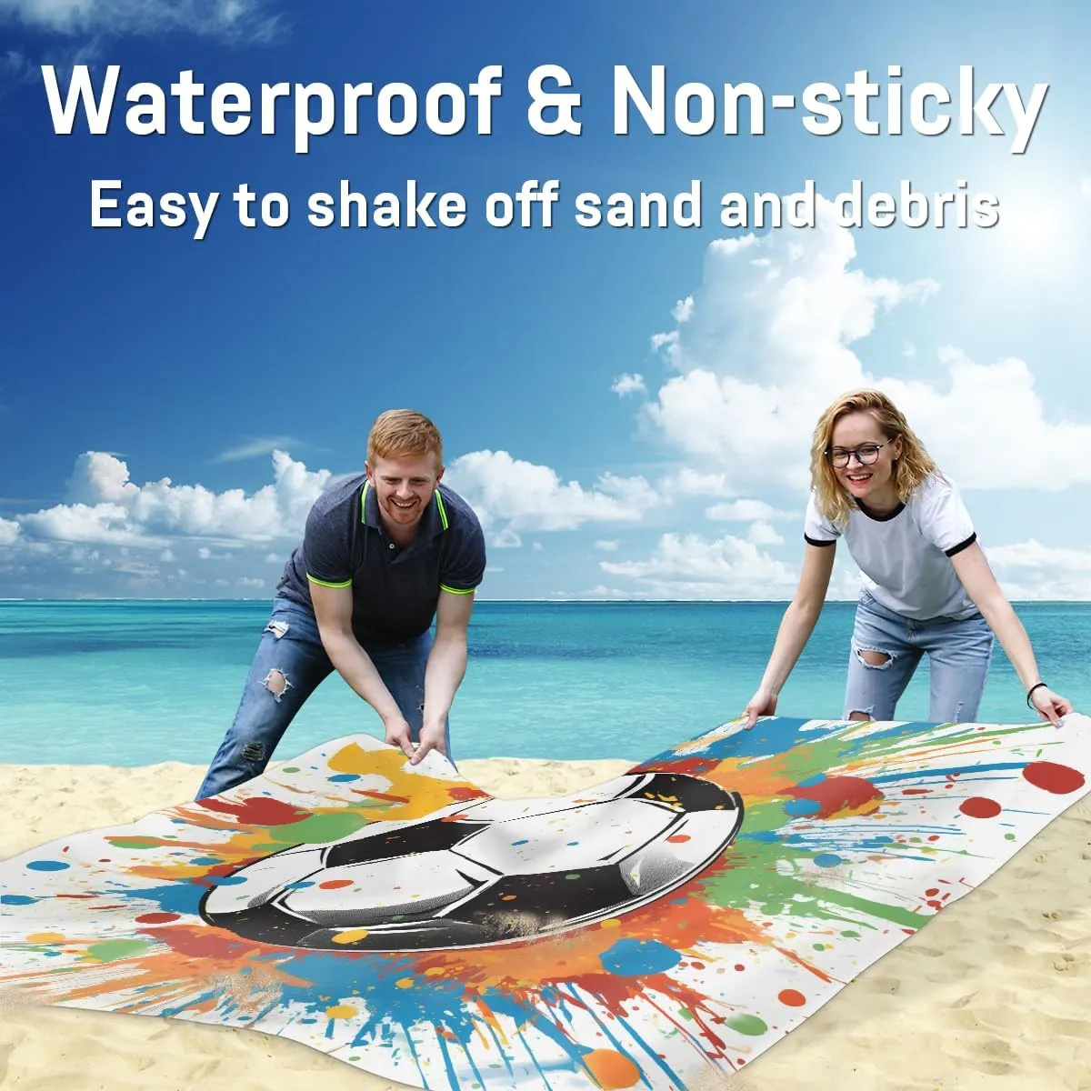 Beach Blanket, Soccer Sandproof Beach Mat, Waterproof Quick Drying Sand Free Mat with 4 x Ground Spikes for Outdoor Travel Camping Hiking, Colorful Soccer 68 x 59 in