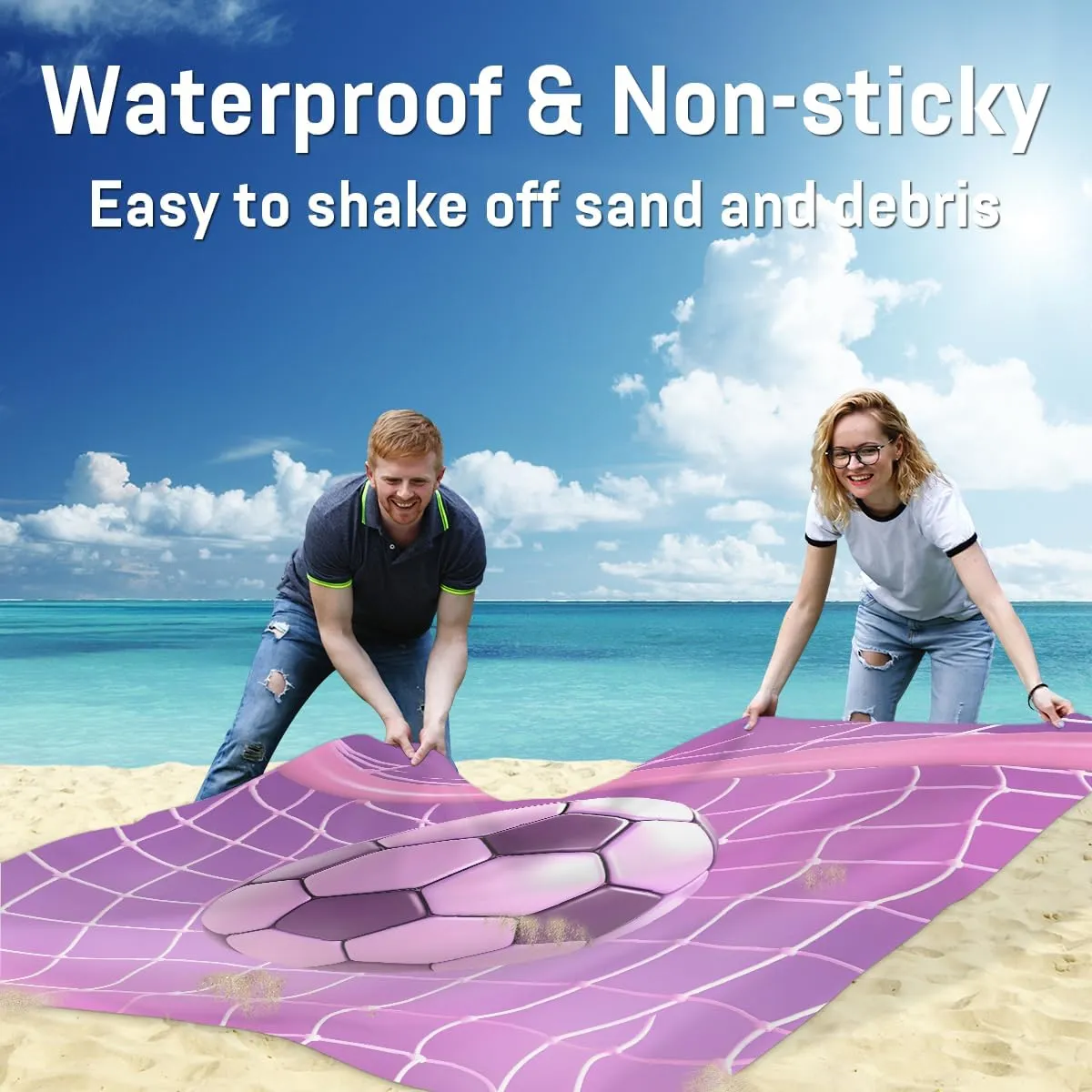 Beach Blanket, Soccer Sandproof Beach Mat, Waterproof Quick Drying Sand Free Mat with 4 x Ground Spikes for Outdoor Travel Camping Hiking, Sports Ball 68 x 59 in