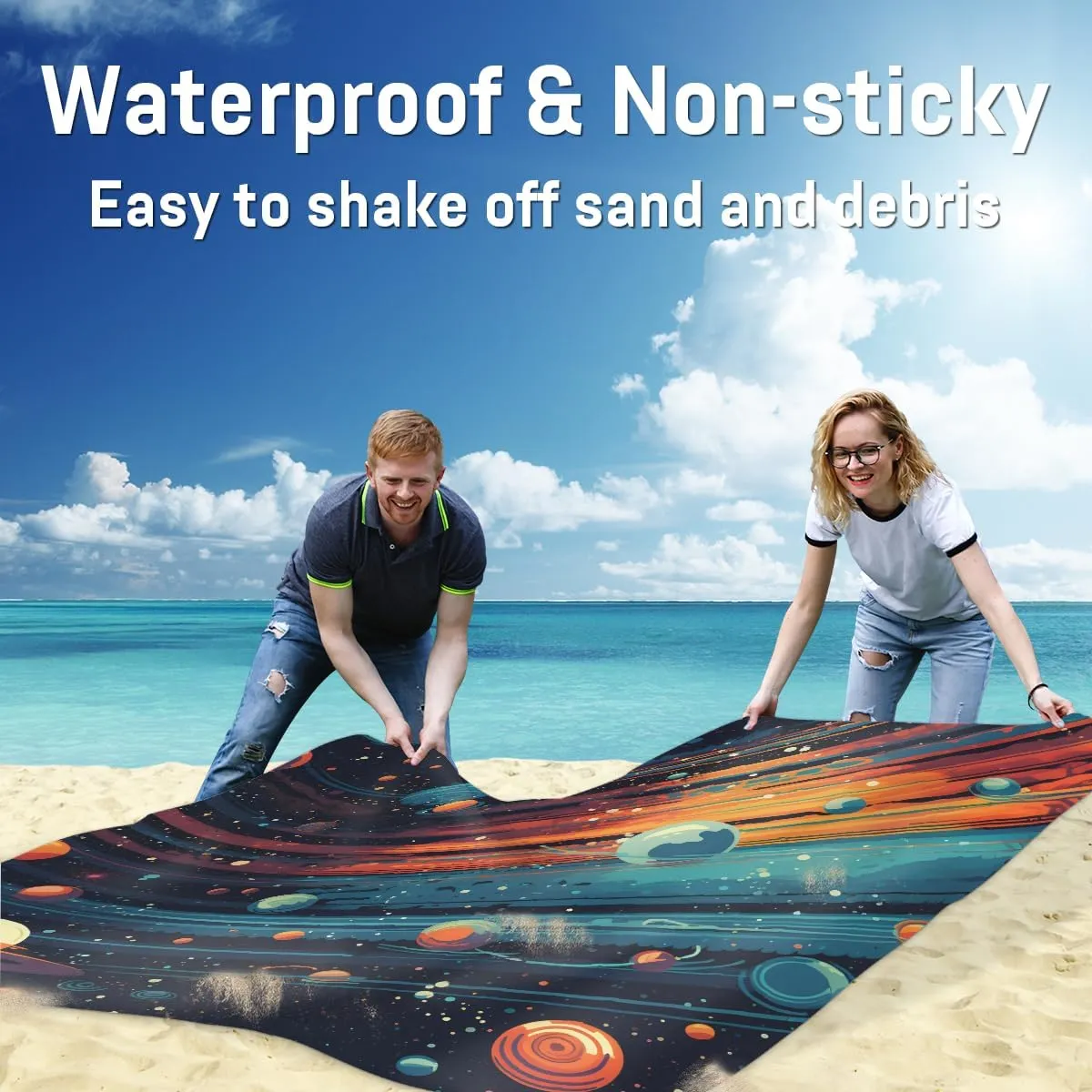 Beach Blanket, Space Sandproof Beach Mat, Waterproof Quick Drying Sand Free Mat with 4 x Ground Spikes for Outdoor Travel Camping Hiking, Galaxy Stars 68 x 59 in