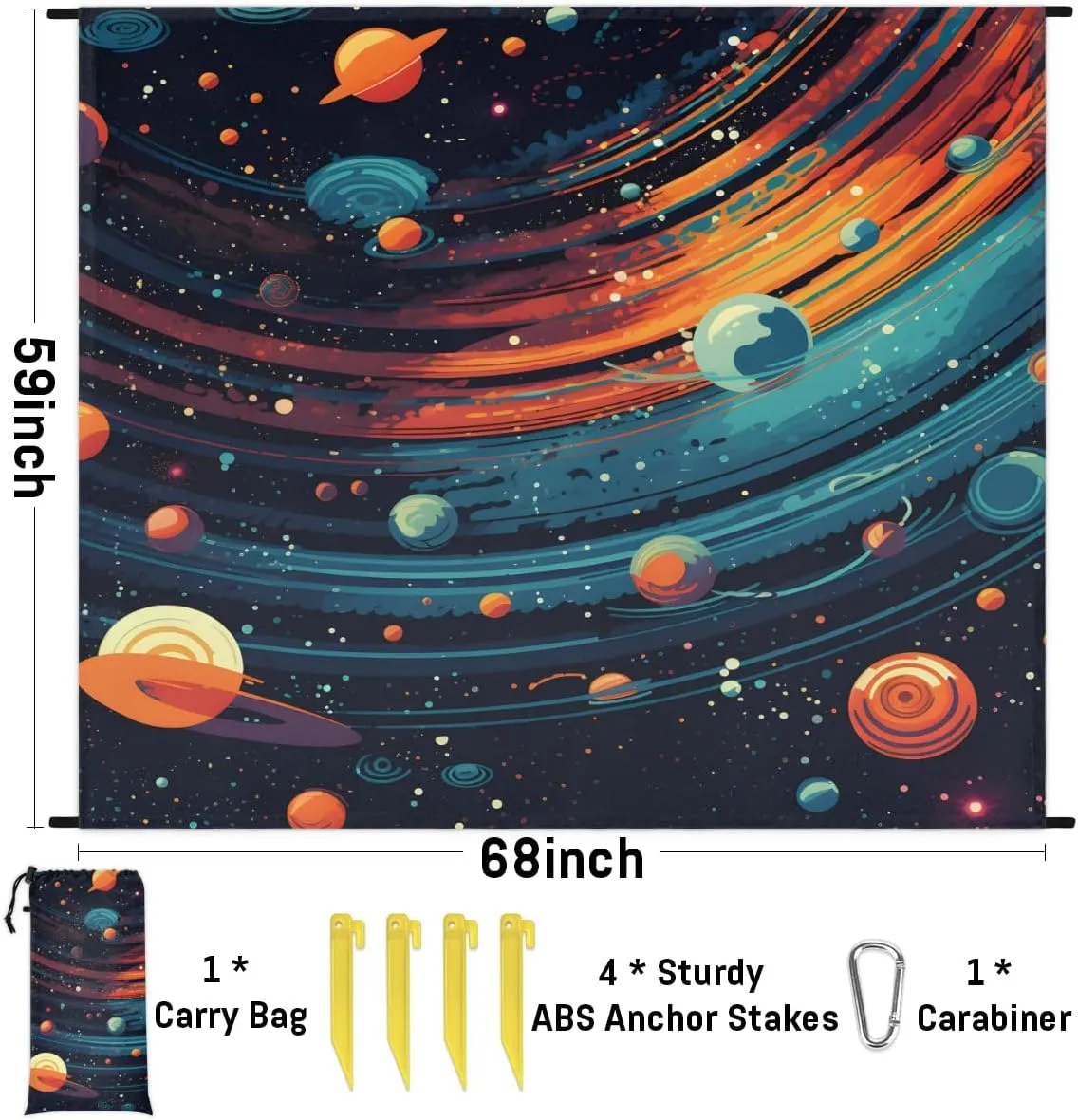 Beach Blanket, Space Sandproof Beach Mat, Waterproof Quick Drying Sand Free Mat with 4 x Ground Spikes for Outdoor Travel Camping Hiking, Galaxy Stars 68 x 59 in