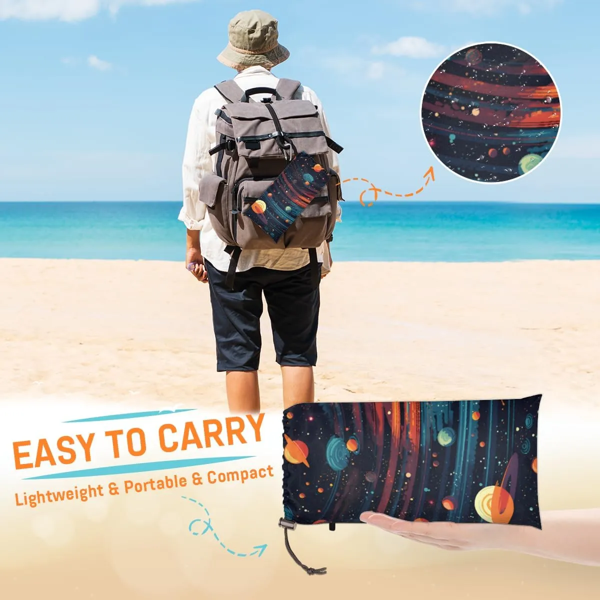 Beach Blanket, Space Sandproof Beach Mat, Waterproof Quick Drying Sand Free Mat with 4 x Ground Spikes for Outdoor Travel Camping Hiking, Galaxy Stars 68 x 59 in