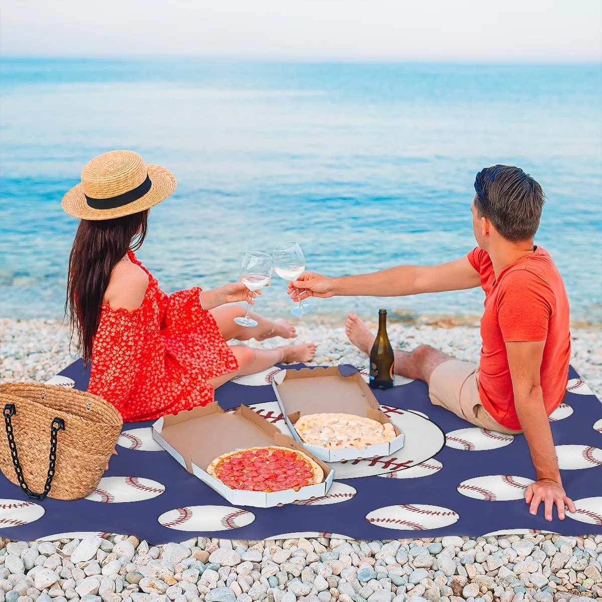 Beach Blanket, Sports Sandproof Beach Mat, Waterproof Quick Drying Sand Free Mat with 4 x Ground Spikes for Outdoor Travel Camping Hiking, Baseball Print 68 x 59 in