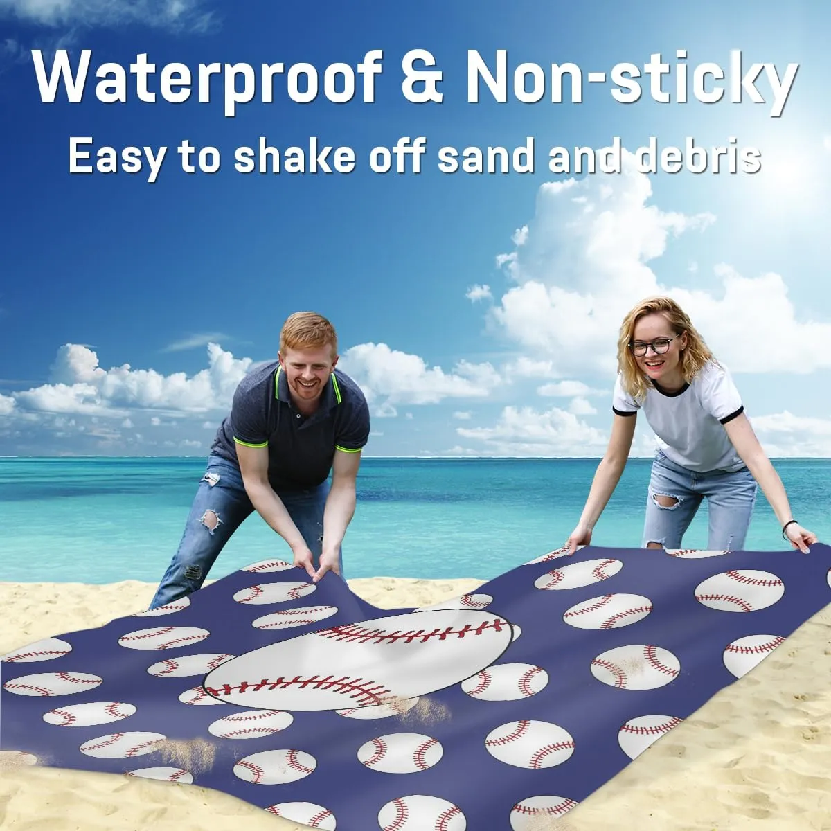Beach Blanket, Sports Sandproof Beach Mat, Waterproof Quick Drying Sand Free Mat with 4 x Ground Spikes for Outdoor Travel Camping Hiking, Baseball Print 68 x 59 in