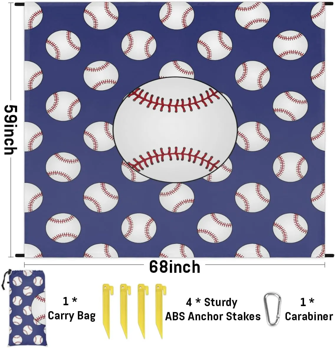 Beach Blanket, Sports Sandproof Beach Mat, Waterproof Quick Drying Sand Free Mat with 4 x Ground Spikes for Outdoor Travel Camping Hiking, Baseball Print 68 x 59 in
