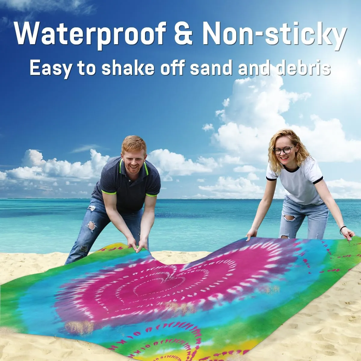 Beach Blanket, Tie Dye Design Sandproof Beach Mat, Waterproof Quick Drying Sand Free Mat with 4 x Ground Spikes for Outdoor Travel Camping Hiking, Tie Dye 68 x 59 in