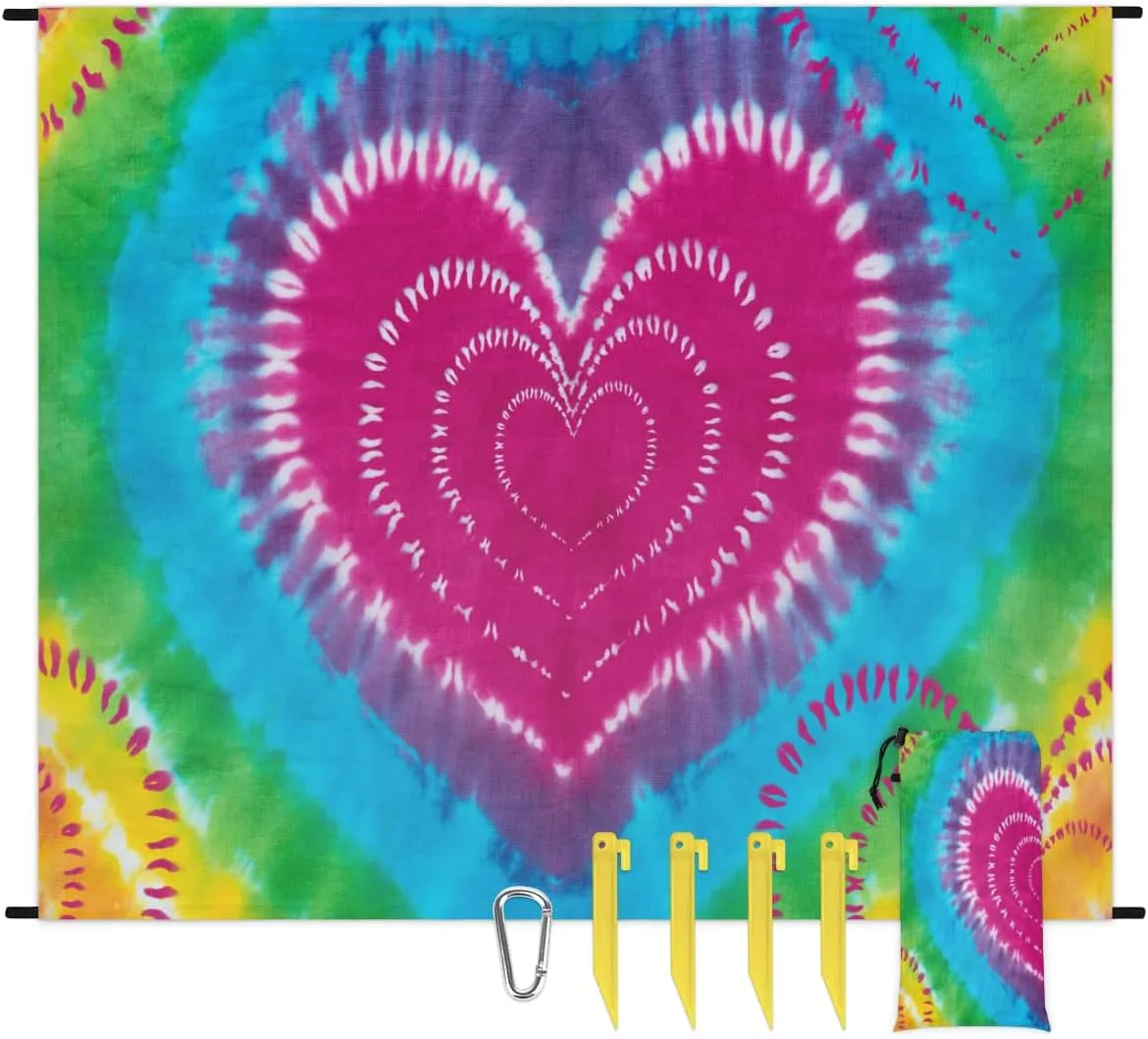 Beach Blanket, Tie Dye Design Sandproof Beach Mat, Waterproof Quick Drying Sand Free Mat with 4 x Ground Spikes for Outdoor Travel Camping Hiking, Tie Dye 68 x 59 in