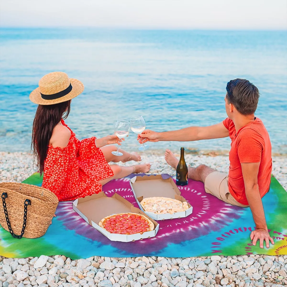 Beach Blanket, Tie Dye Design Sandproof Beach Mat, Waterproof Quick Drying Sand Free Mat with 4 x Ground Spikes for Outdoor Travel Camping Hiking, Tie Dye 68 x 59 in