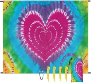 Beach Blanket, Tie Dye Design Sandproof Beach Mat, Waterproof Quick Drying Sand Free Mat with 4 x Ground Spikes for Outdoor Travel Camping Hiking, Tie Dye 68 x 59 in