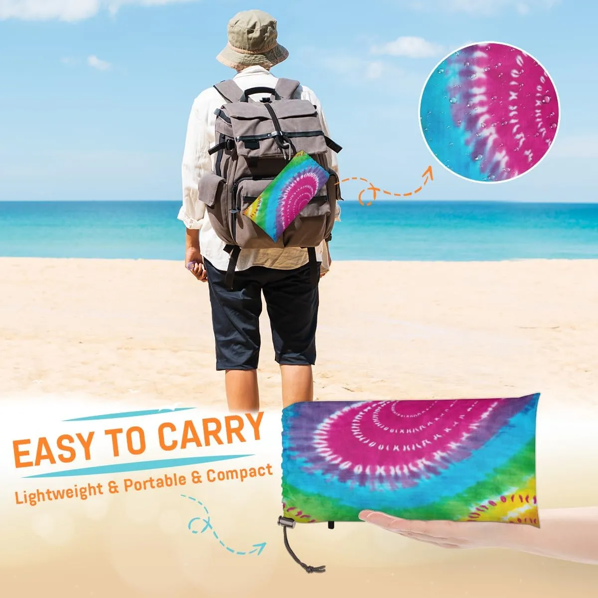 Beach Blanket, Tie Dye Design Sandproof Beach Mat, Waterproof Quick Drying Sand Free Mat with 4 x Ground Spikes for Outdoor Travel Camping Hiking, Tie Dye 68 x 59 in
