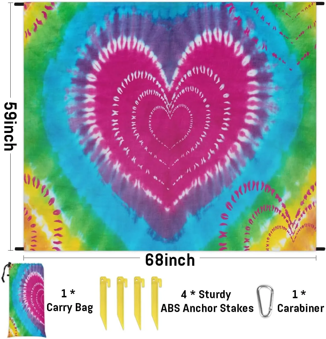 Beach Blanket, Tie Dye Design Sandproof Beach Mat, Waterproof Quick Drying Sand Free Mat with 4 x Ground Spikes for Outdoor Travel Camping Hiking, Tie Dye 68 x 59 in