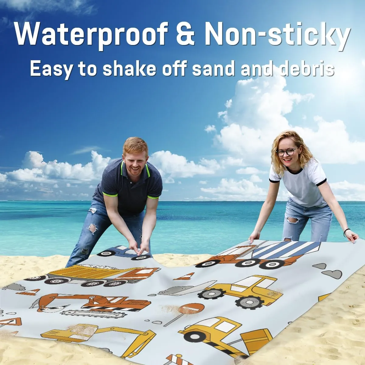 Beach Blanket, Tractor Trucks Sandproof Beach Mat, Waterproof Quick Drying Sand Free Mat with 4 x Ground Spikes for Outdoor Travel Camping Hiking, Cartoon Truck 68 x 59 in