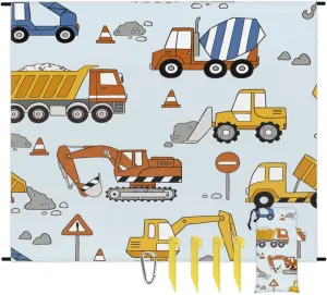 Beach Blanket, Tractor Trucks Sandproof Beach Mat, Waterproof Quick Drying Sand Free Mat with 4 x Ground Spikes for Outdoor Travel Camping Hiking, Cartoon Truck 68 x 59 in