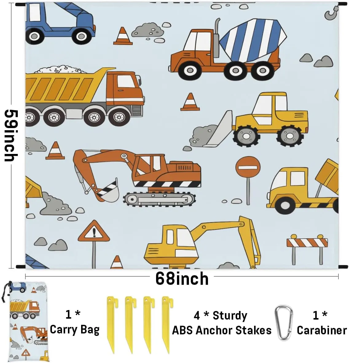 Beach Blanket, Tractor Trucks Sandproof Beach Mat, Waterproof Quick Drying Sand Free Mat with 4 x Ground Spikes for Outdoor Travel Camping Hiking, Cartoon Truck 68 x 59 in