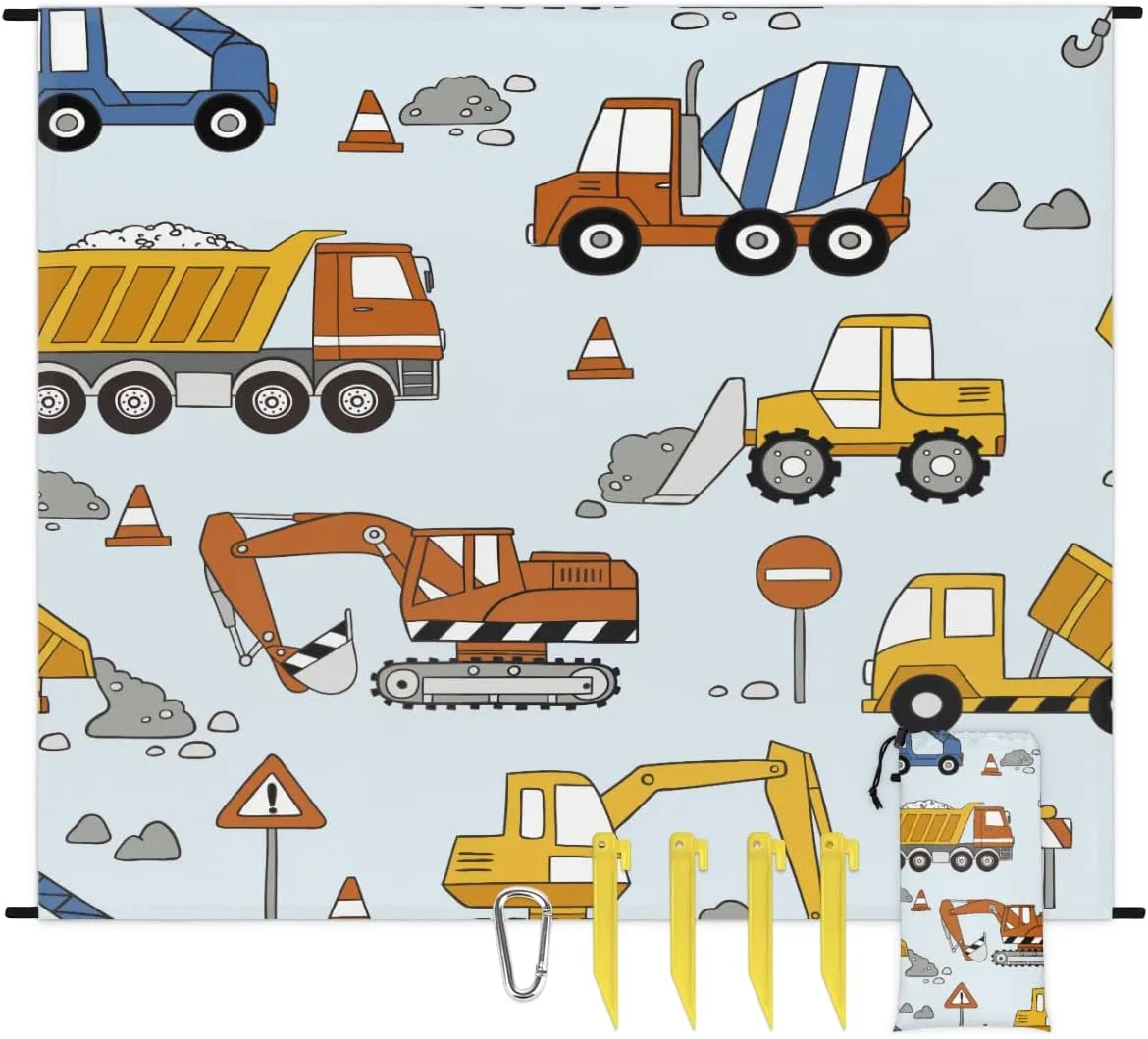 Beach Blanket, Tractor Trucks Sandproof Beach Mat, Waterproof Quick Drying Sand Free Mat with 4 x Ground Spikes for Outdoor Travel Camping Hiking, Cartoon Truck 68 x 59 in