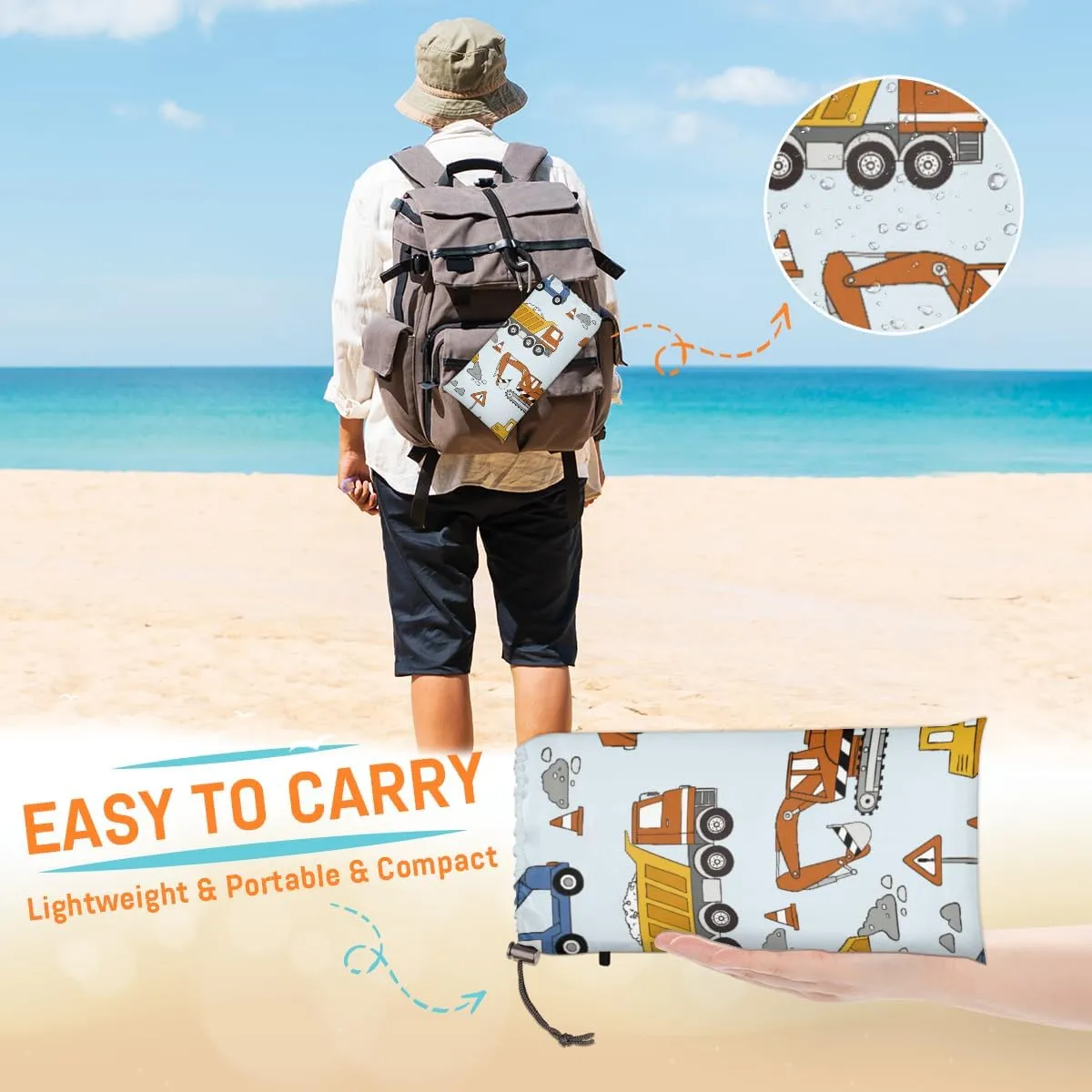 Beach Blanket, Tractor Trucks Sandproof Beach Mat, Waterproof Quick Drying Sand Free Mat with 4 x Ground Spikes for Outdoor Travel Camping Hiking, Cartoon Truck 68 x 59 in