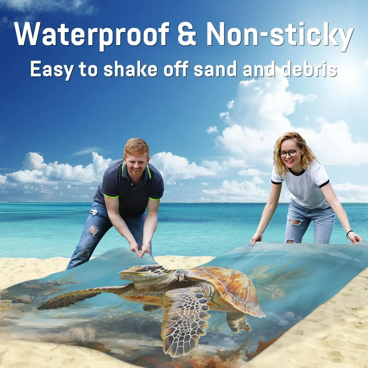 Beach Blanket, Turtle Sandproof Beach Mat, Waterproof Quick Drying Sand Free Mat with 4 x Ground Spikes for Outdoor Travel Camping Hiking, Turtle 68 x 59 in